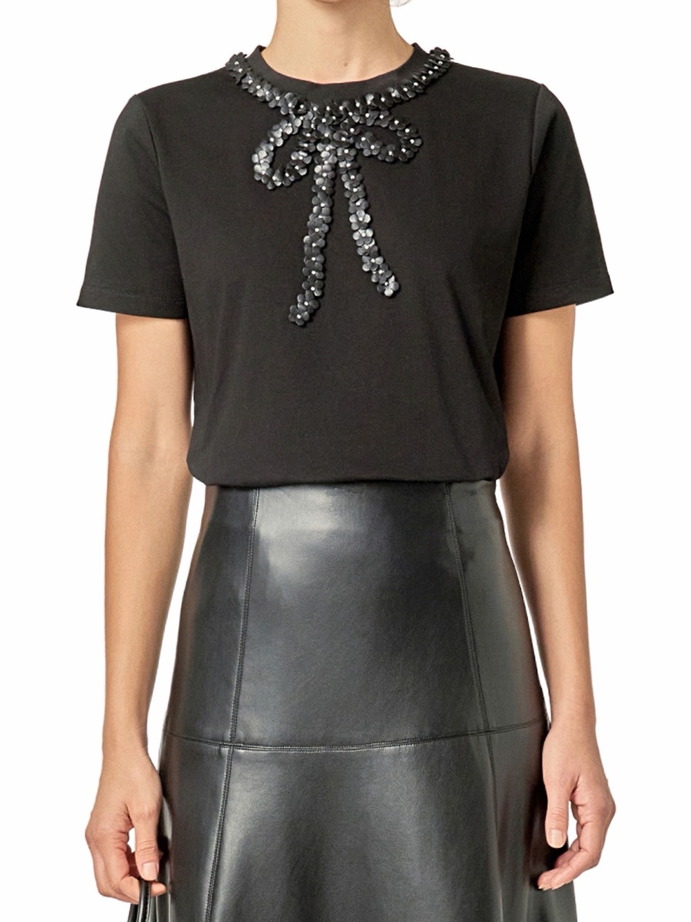 English Factory Black Floral Bow Pearl Embellished Top M